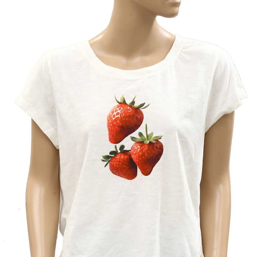 By Anthropologie Graphic Baby Tee Blouse Top Strawberry Cotton White XL 286483 - Picture 5 of 7
